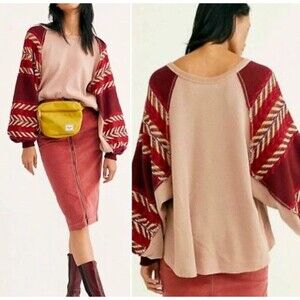 Free People Rainbow Dreams Waffle Knit Sweater Size XS Oversized Boho Casual